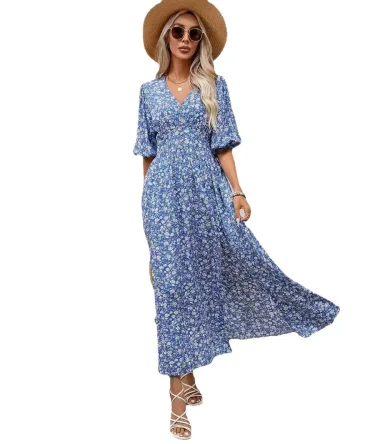 Blue Floral V - Neck Puff - Sleeve Maxi Dress