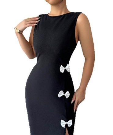 Black Bodycon Midi Dress with White Bows