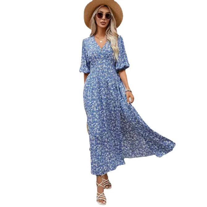 Blue Floral V - Neck Puff - Sleeve Maxi Dress