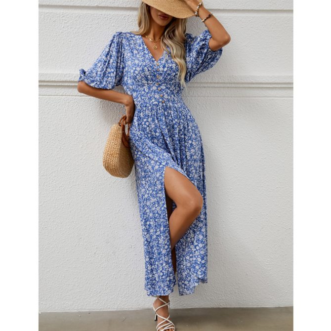 Blue Floral V - Neck Puff - Sleeve Maxi Dress - Image 4