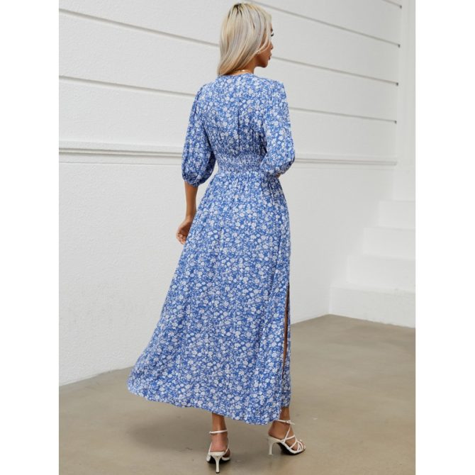 Blue Floral V - Neck Puff - Sleeve Maxi Dress - Image 3
