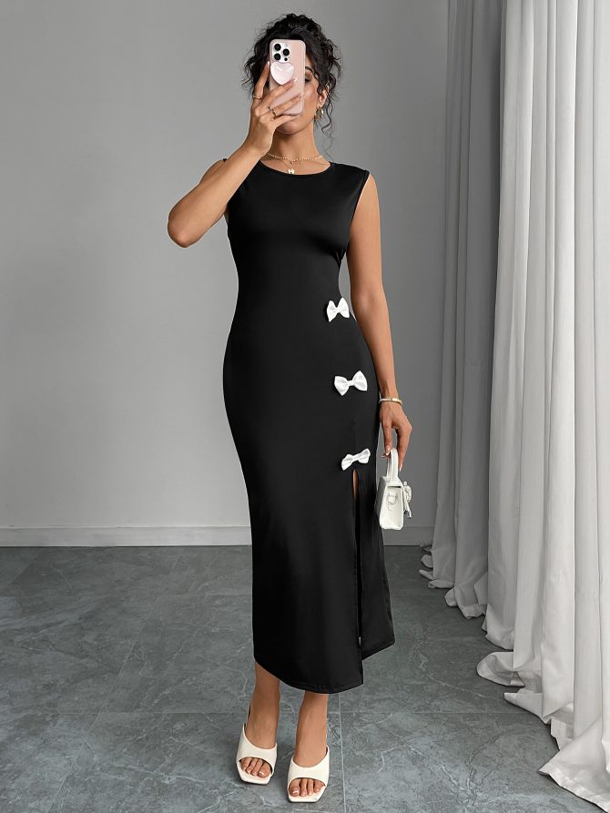 Black Bodycon Midi Dress with White Bows - Image 5