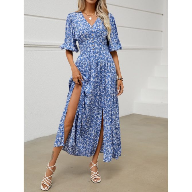 Blue Floral V - Neck Puff - Sleeve Maxi Dress - Image 2